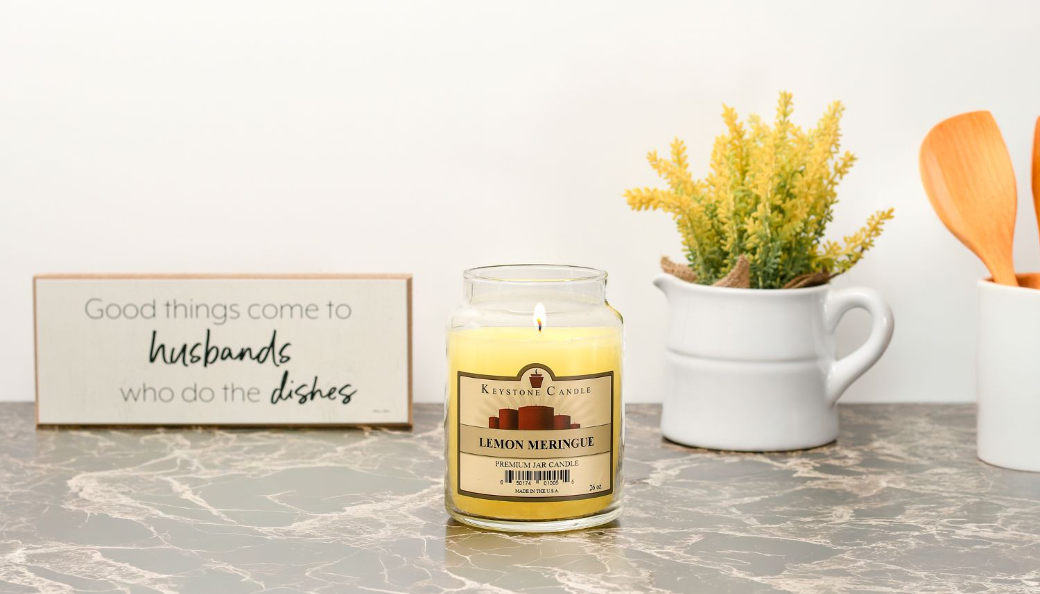 Lemon Meringue candle sitting in a clean kitchen