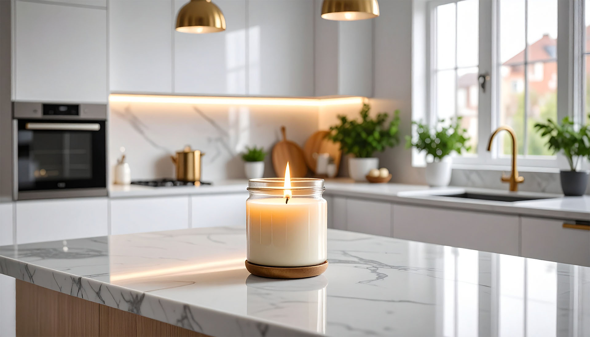 lit candle in a kitchen